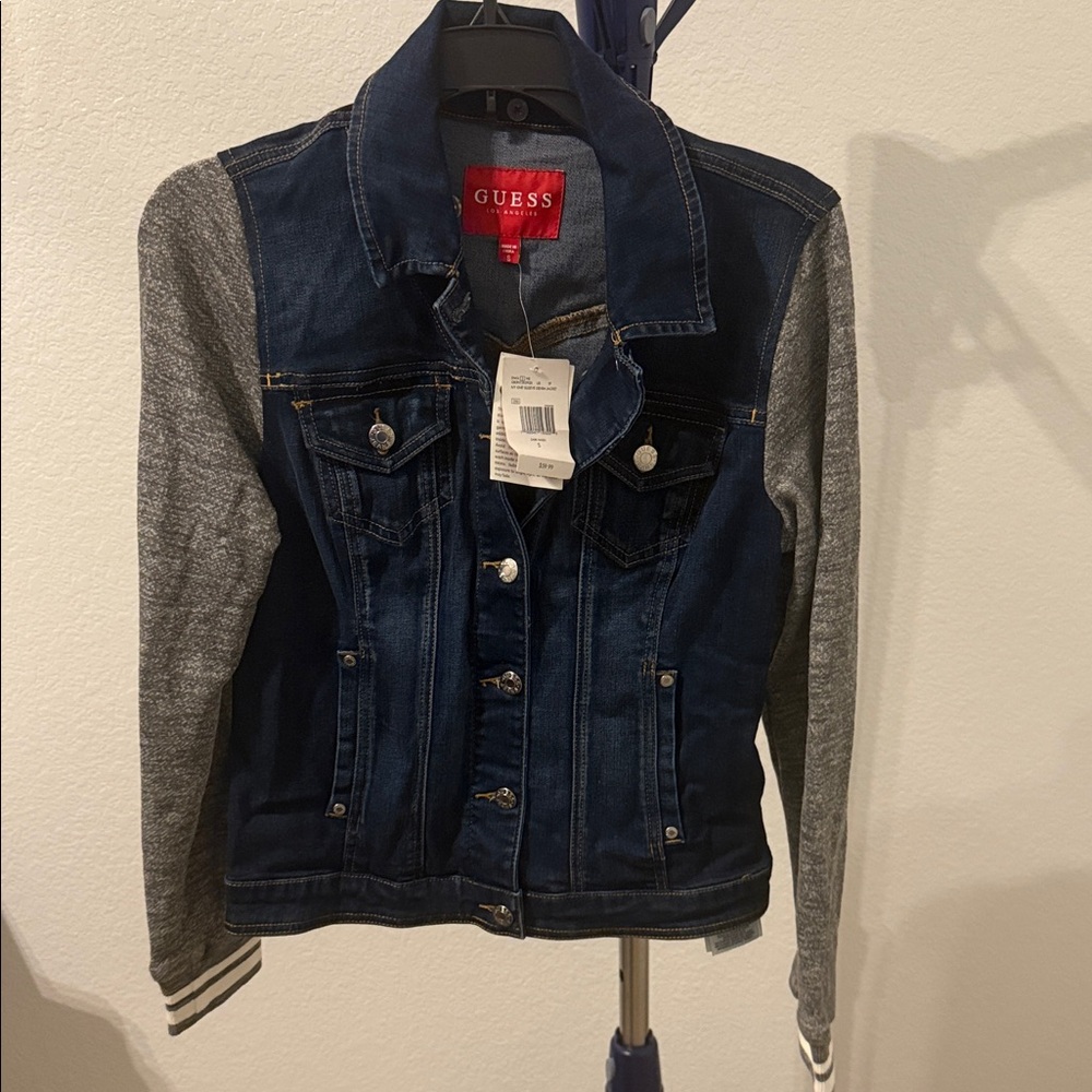 Guess Women's Denim Jacket with Gray Knit Sleeves